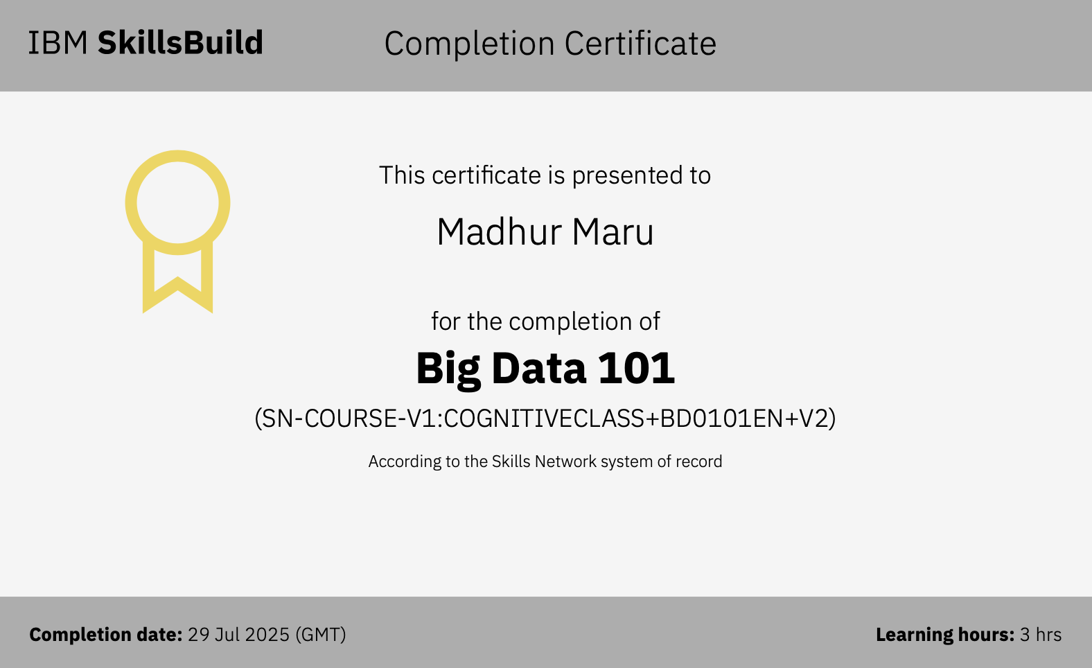 Big Data 101 certificate preview