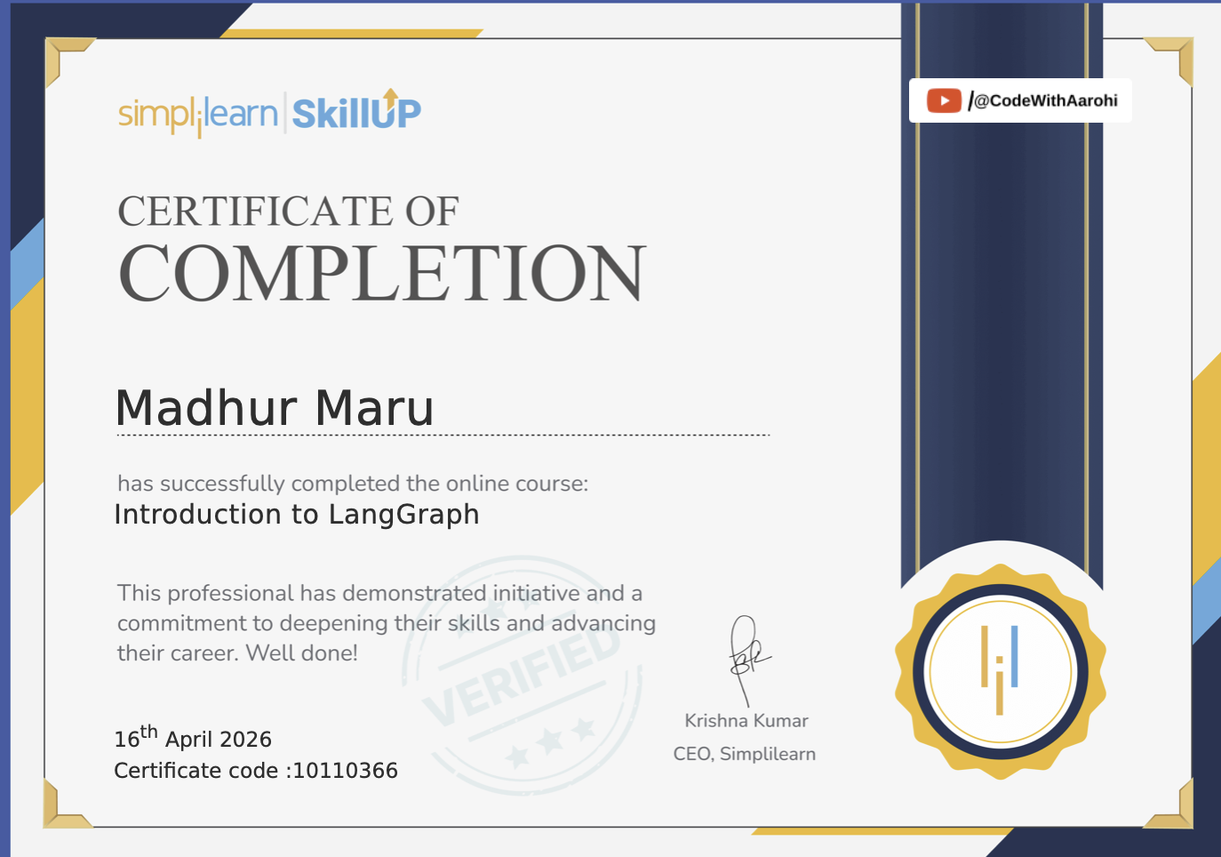 Introduction to LangGraph certificate preview