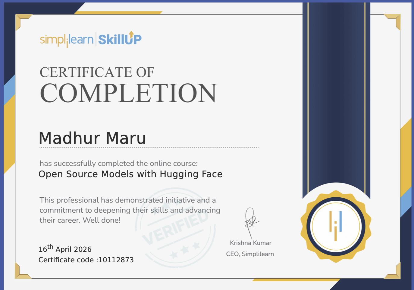 Open Source Models with Hugging Face certificate preview