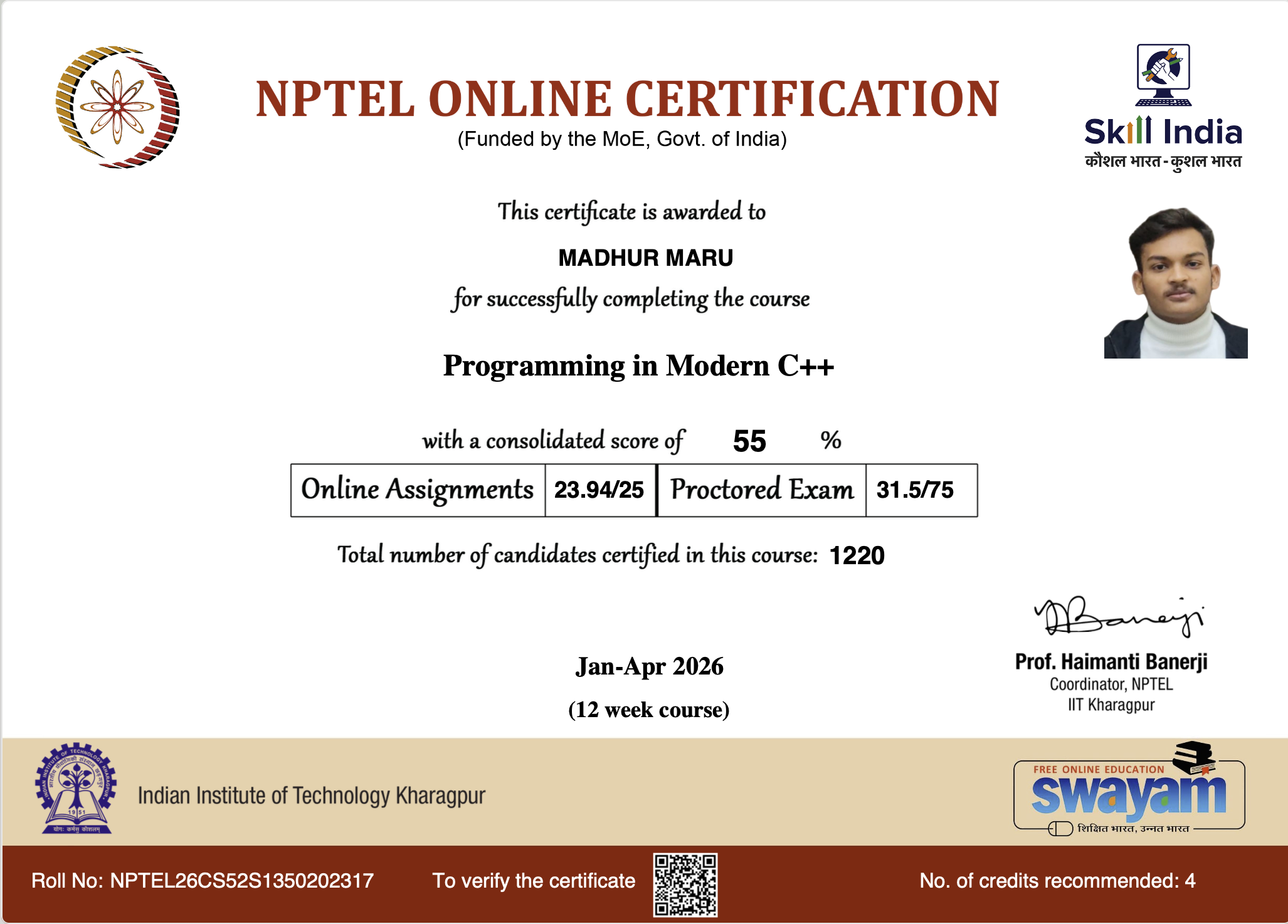 Programming in Modern C++ certificate preview