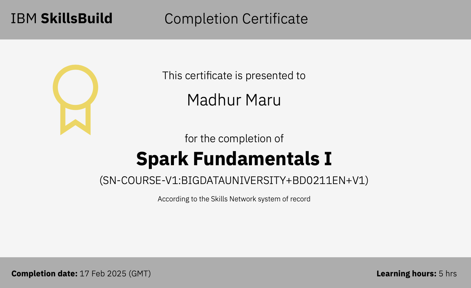 Spark Fundamentals certificate preview